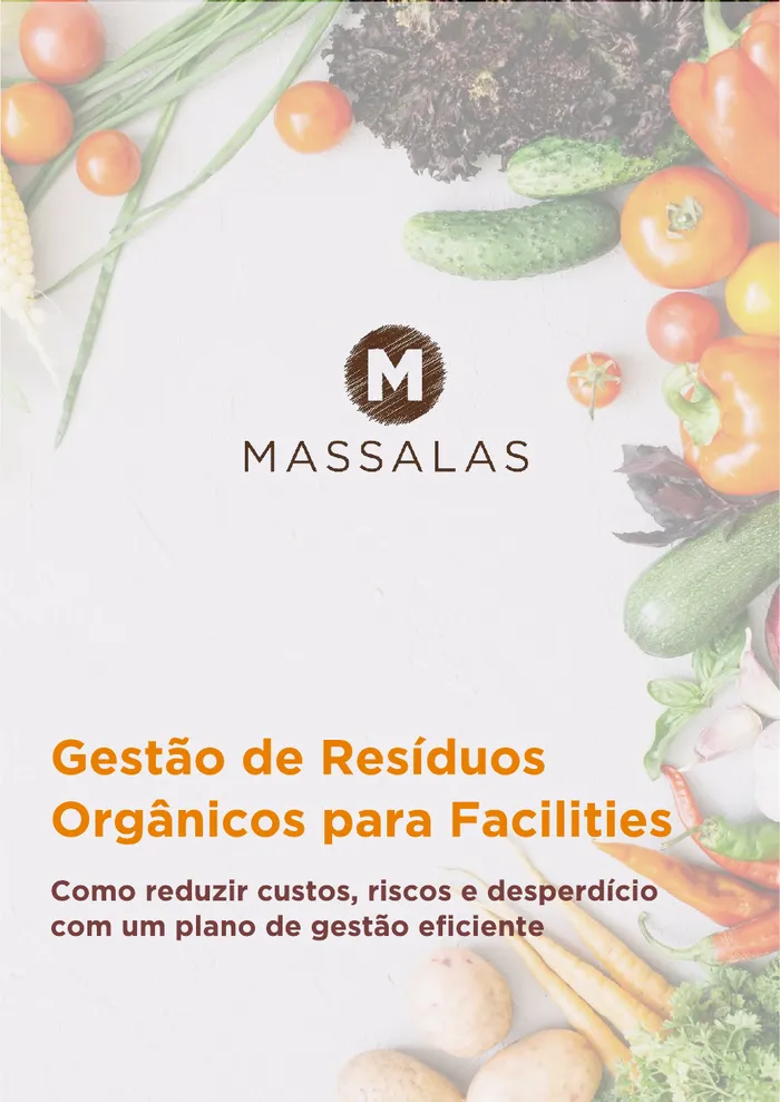 Capa do e-book "Gestão de Resíduos Orgânicos para Facilities", da Massalas, com legumes e verduras nas bordas.