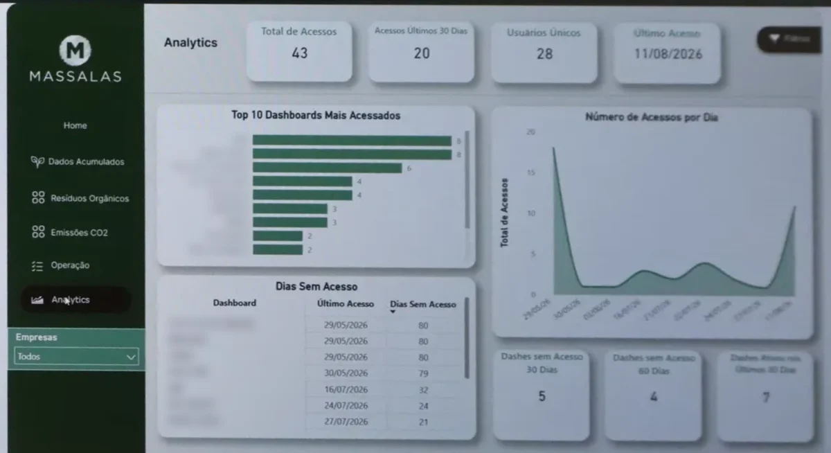 Tela do dashboard da Massalas vista de frente, com os indicadores de acesso, o gráfico de barras e a curva de acessos por dia.