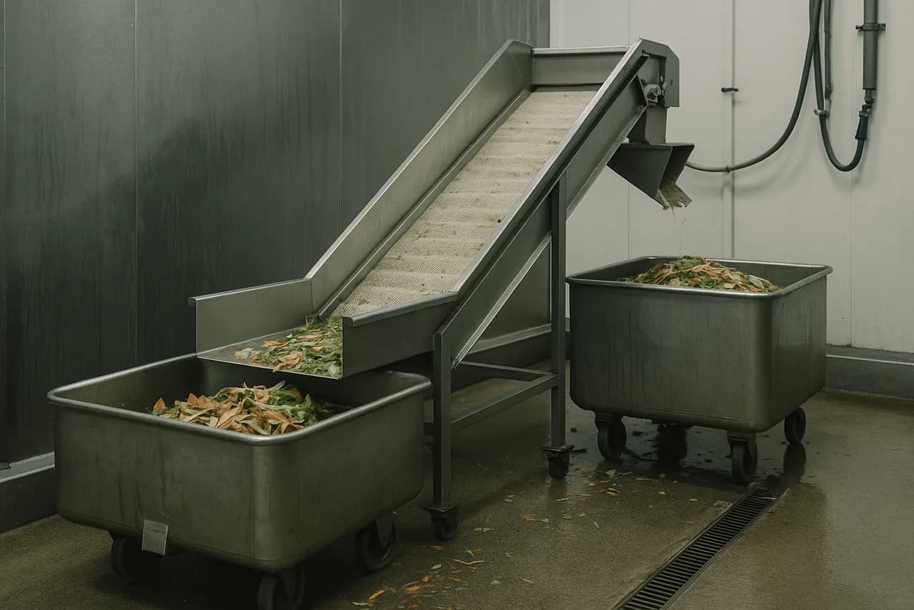 Carros de inox recolhendo aparas na saída da esteira, na sala de processamento de uma fábrica de alimentos.