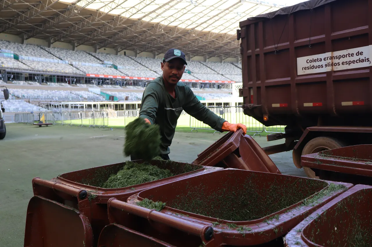 Operador despejando grama recém-cortada em contentores marrons, com o caminhão de coleta atrás, no gramado de um estádio.